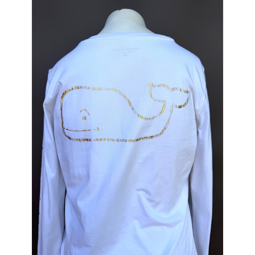 Vineyard Vines Womens Medium White Gold Foil Whale Long Sleeve Pocket Top Tee